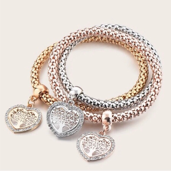 ‼️ RE-STOCK‼️🌳 Tree of Life -Heart Charm Bangle 3 Piece Bracelet Set NWT - Picture 6 of 14
